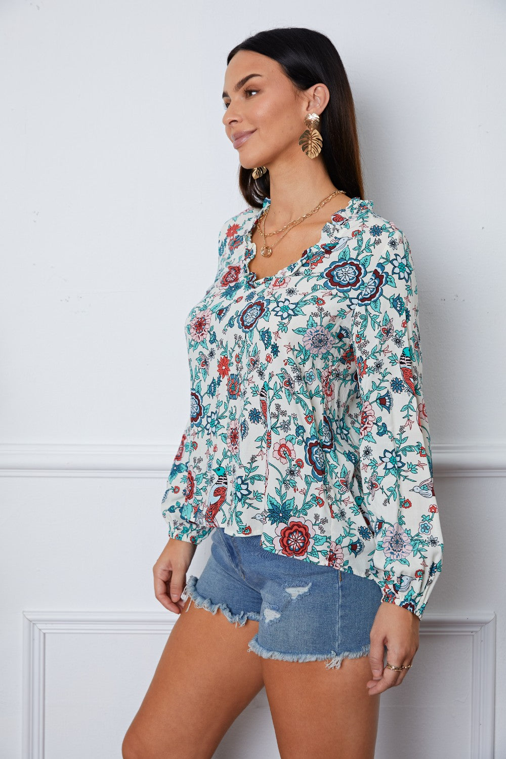 Floral Notched Long Sleeve Blouse - Women’s Clothing & Accessories - Shirts & Tops - 3 - 2024