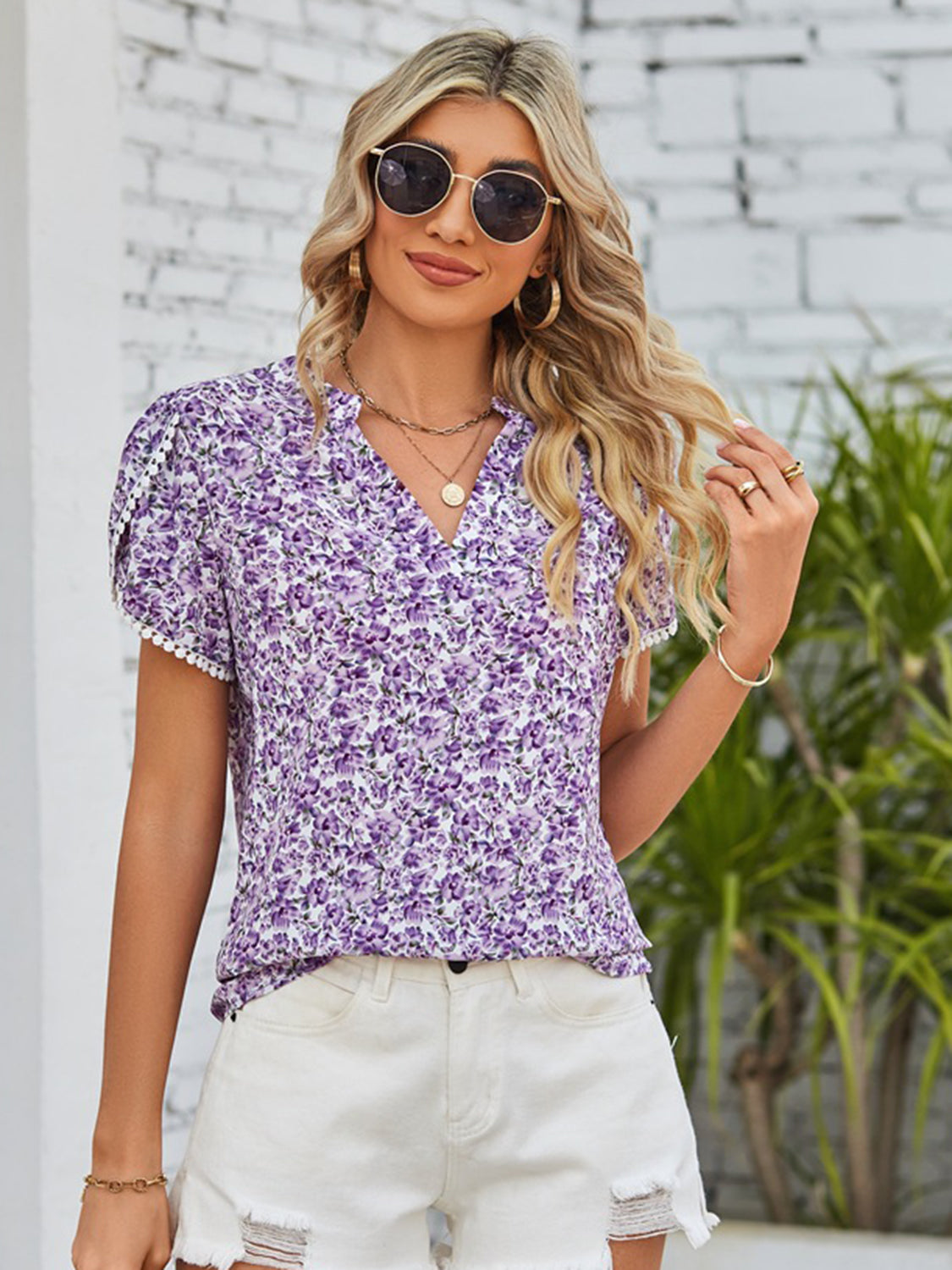 Floral Notched Neck Blouse - Women’s Clothing & Accessories - Shirts & Tops - 7 - 2024