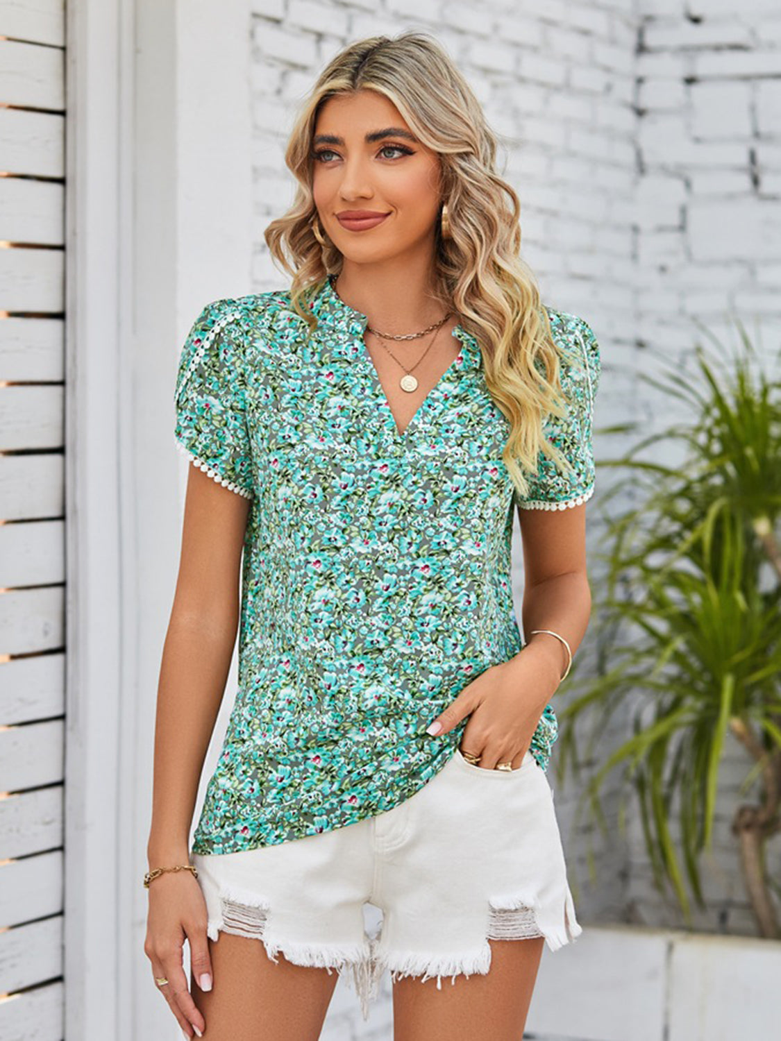 Floral Notched Neck Blouse - Women’s Clothing & Accessories - Shirts & Tops - 3 - 2024