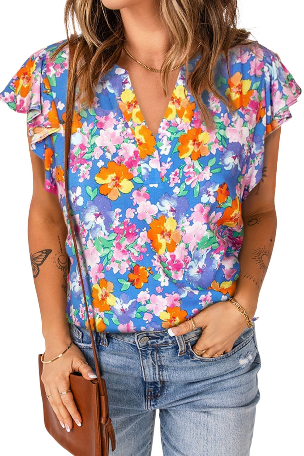 Floral Notched Neck Flutter Sleeve Blouse - Women’s Clothing & Accessories - Shirts & Tops - 2 - 2024