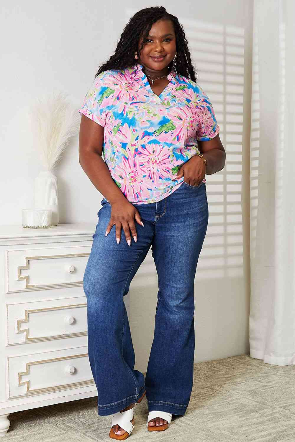 Floral Notched Neck Short Sleeve Top - Women’s Clothing & Accessories - Shirts & Tops - 4 - 2024