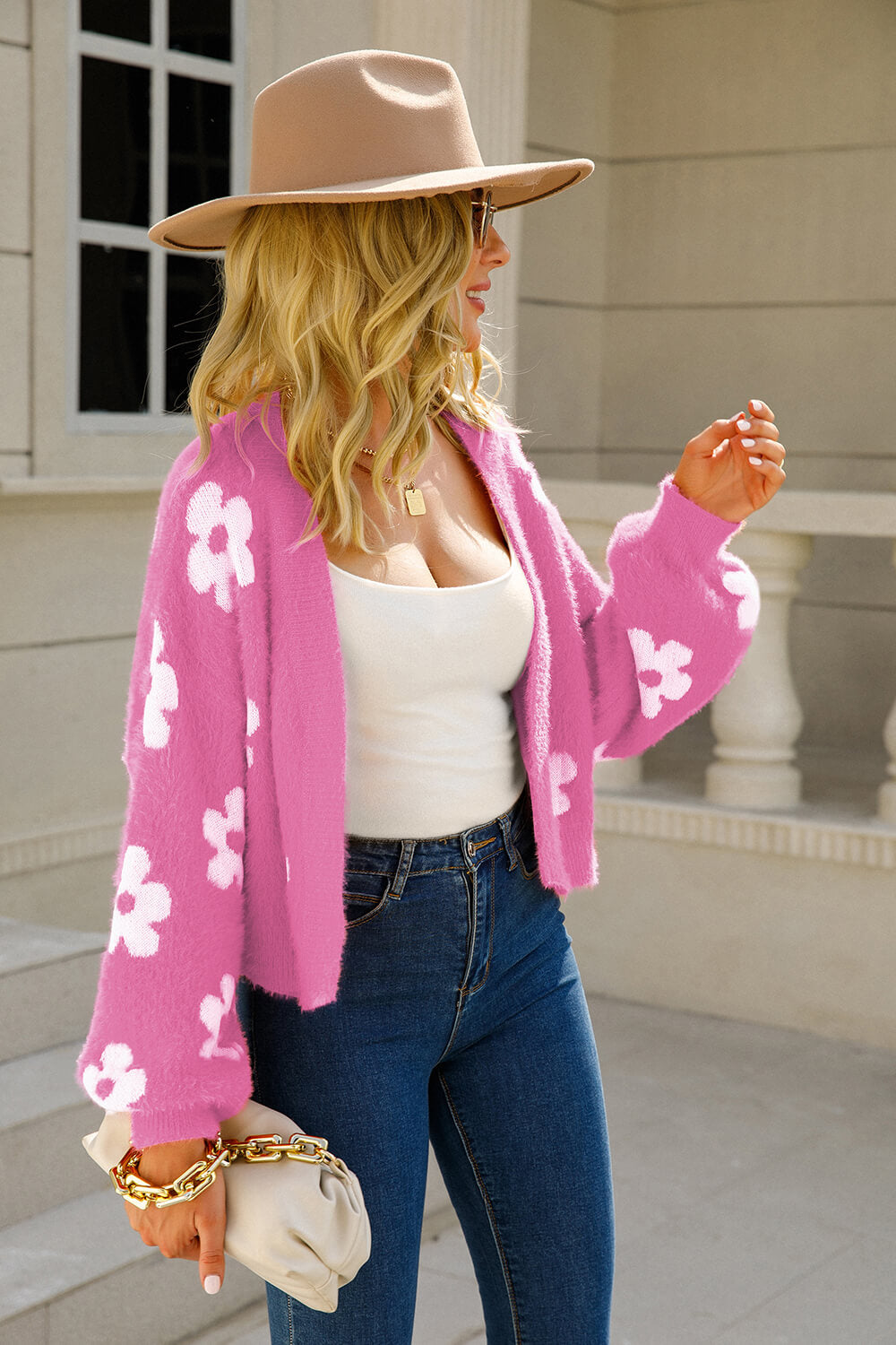 Floral Open Front Fuzzy Cardigan - Women’s Clothing & Accessories - Shirts & Tops - 4 - 2024