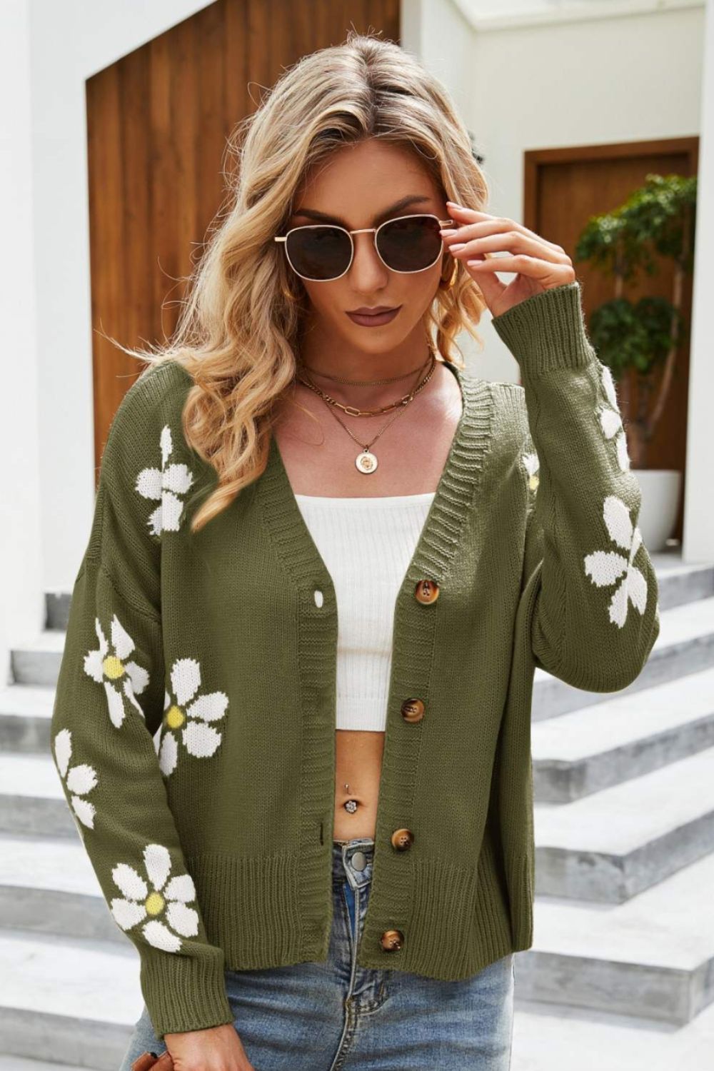 Floral Ribbed Trim Drop Shoulder Cardigan - Green / S - Women’s Clothing & Accessories - Shirts & Tops - 7 - 2024