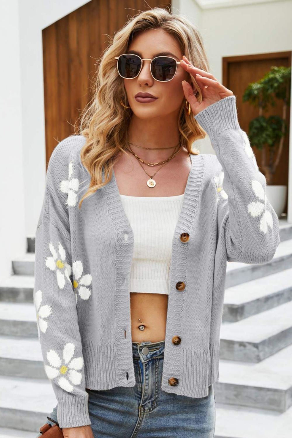 Floral Ribbed Trim Drop Shoulder Cardigan - Gray / S - Women’s Clothing & Accessories - Shirts & Tops - 13 - 2024