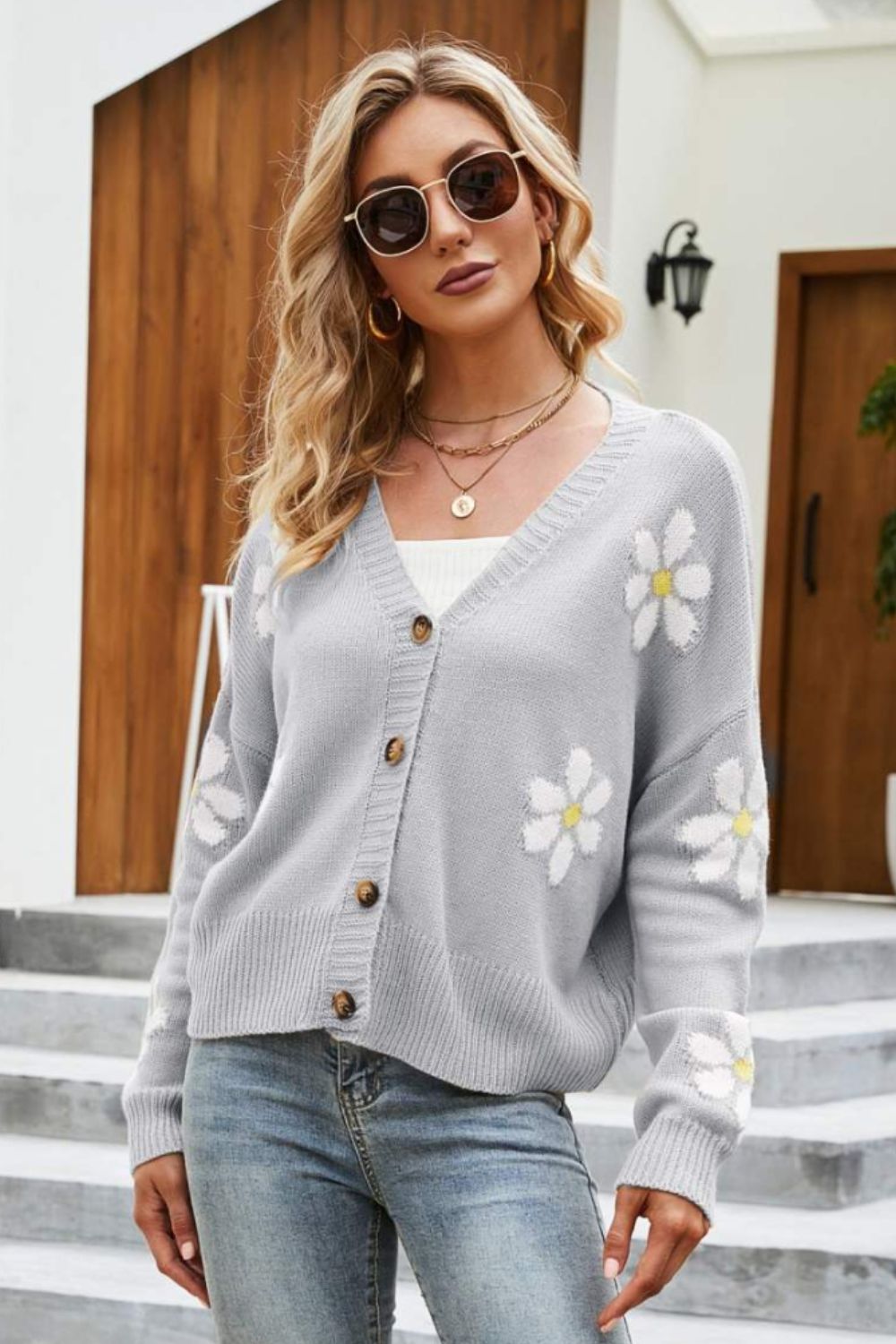 Floral Ribbed Trim Drop Shoulder Cardigan - Women’s Clothing & Accessories - Shirts & Tops - 14 - 2024