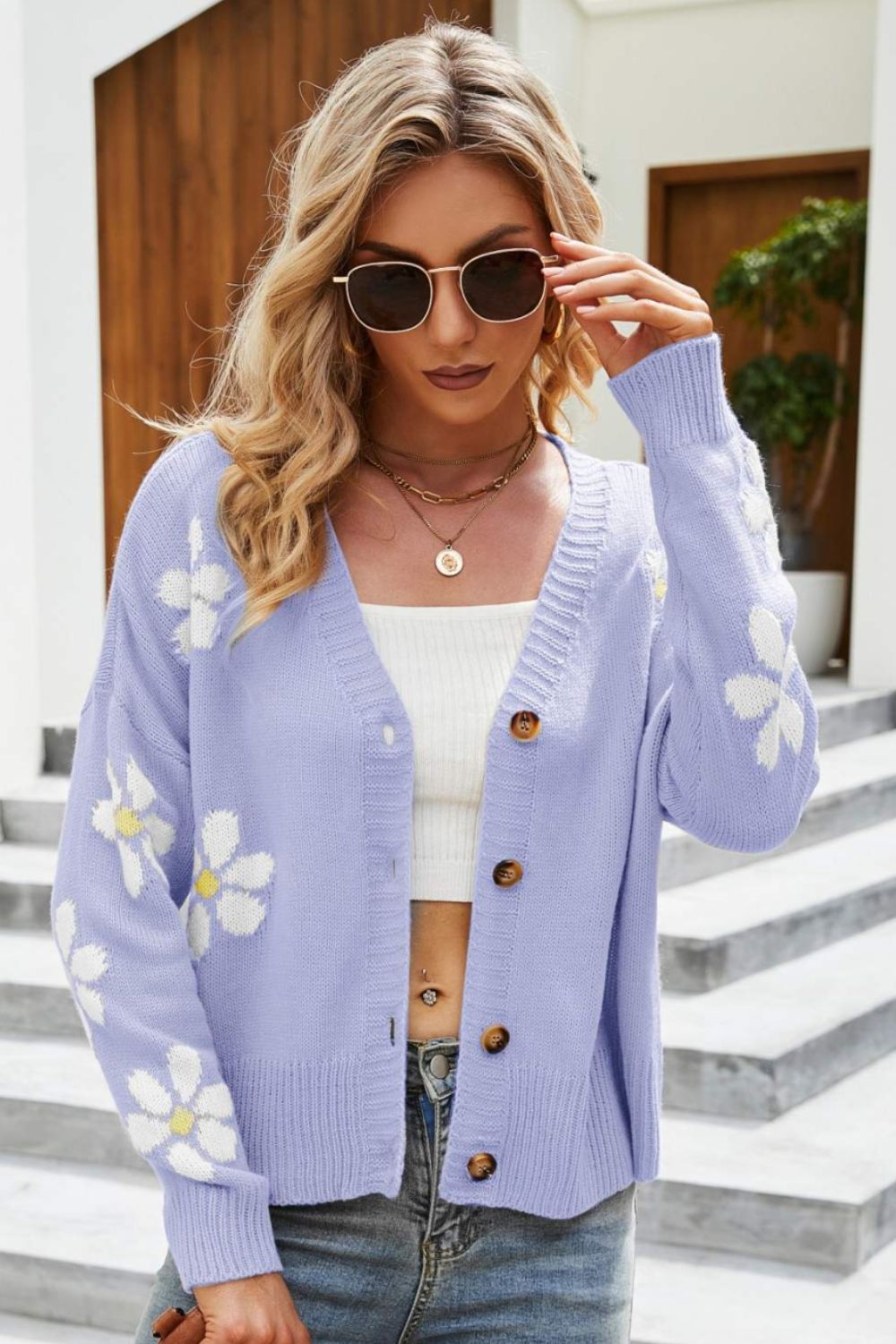 Floral Ribbed Trim Drop Shoulder Cardigan - Purple / S - Women’s Clothing & Accessories - Shirts & Tops - 10 - 2024