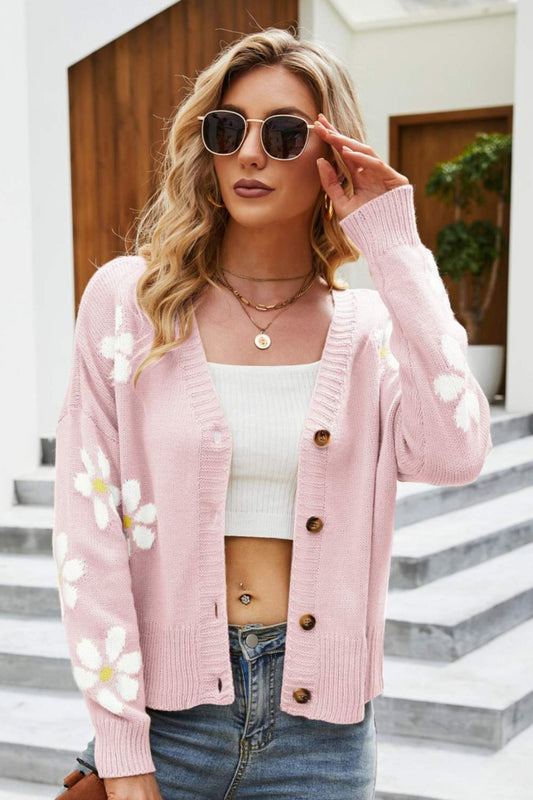 Floral Ribbed Trim Drop Shoulder Cardigan - Pink / S - Women’s Clothing & Accessories - Shirts & Tops - 1 - 2024