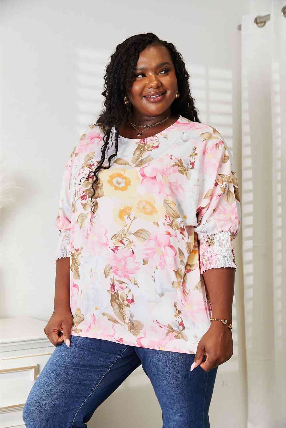 Floral Round Neck Three-Quarter Sleeve Top - Women’s Clothing & Accessories - Shirts & Tops - 8 - 2024