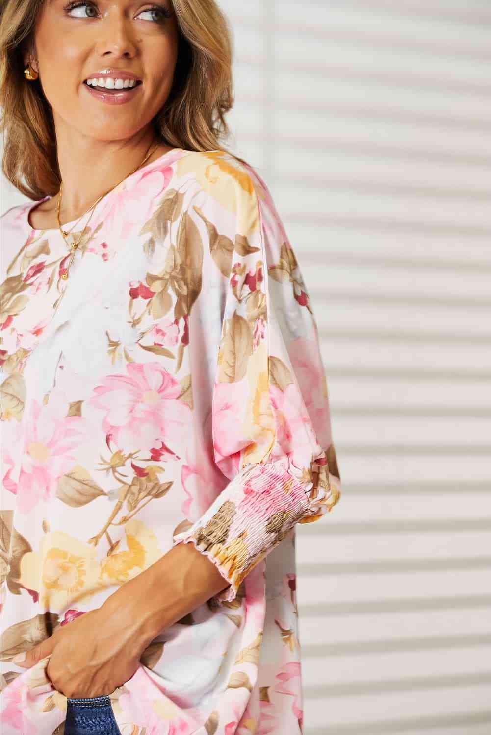 Floral Round Neck Three-Quarter Sleeve Top - Women’s Clothing & Accessories - Shirts & Tops - 6 - 2024
