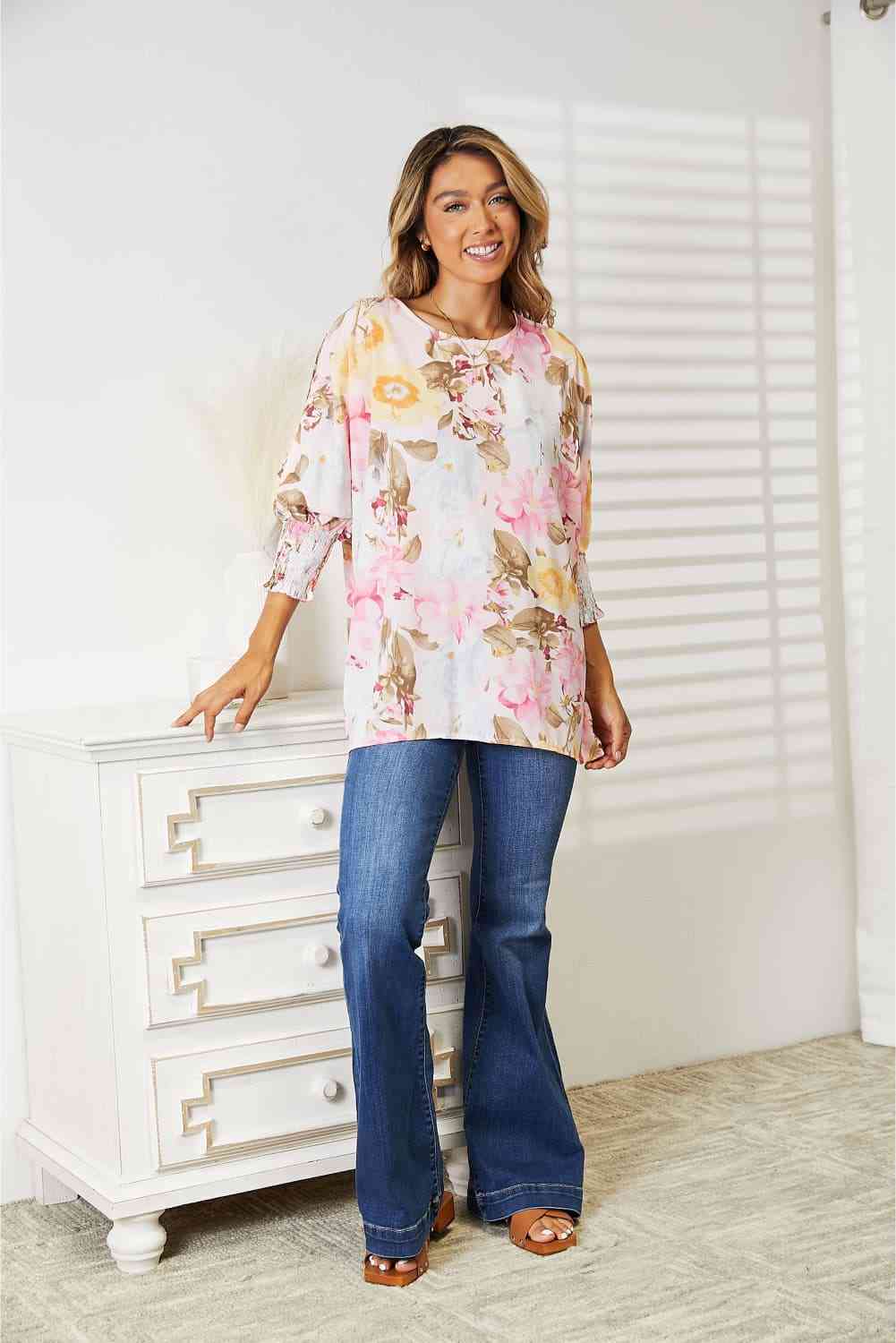 Floral Round Neck Three-Quarter Sleeve Top - Women’s Clothing & Accessories - Shirts & Tops - 5 - 2024