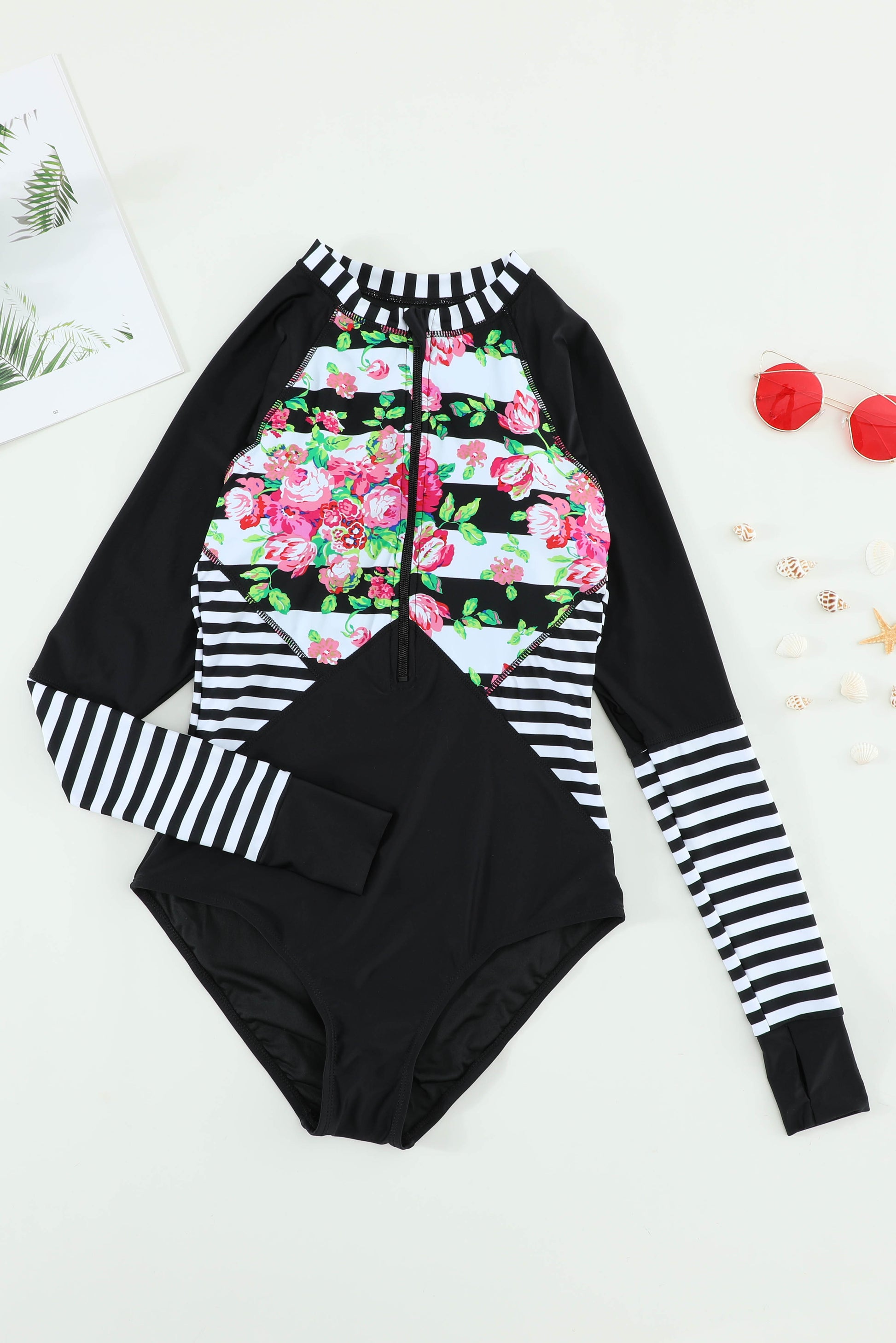 Floral Striped Patchwork Rashguard One-piece - Women’s Clothing & Accessories - Swimwear - 5 - 2024