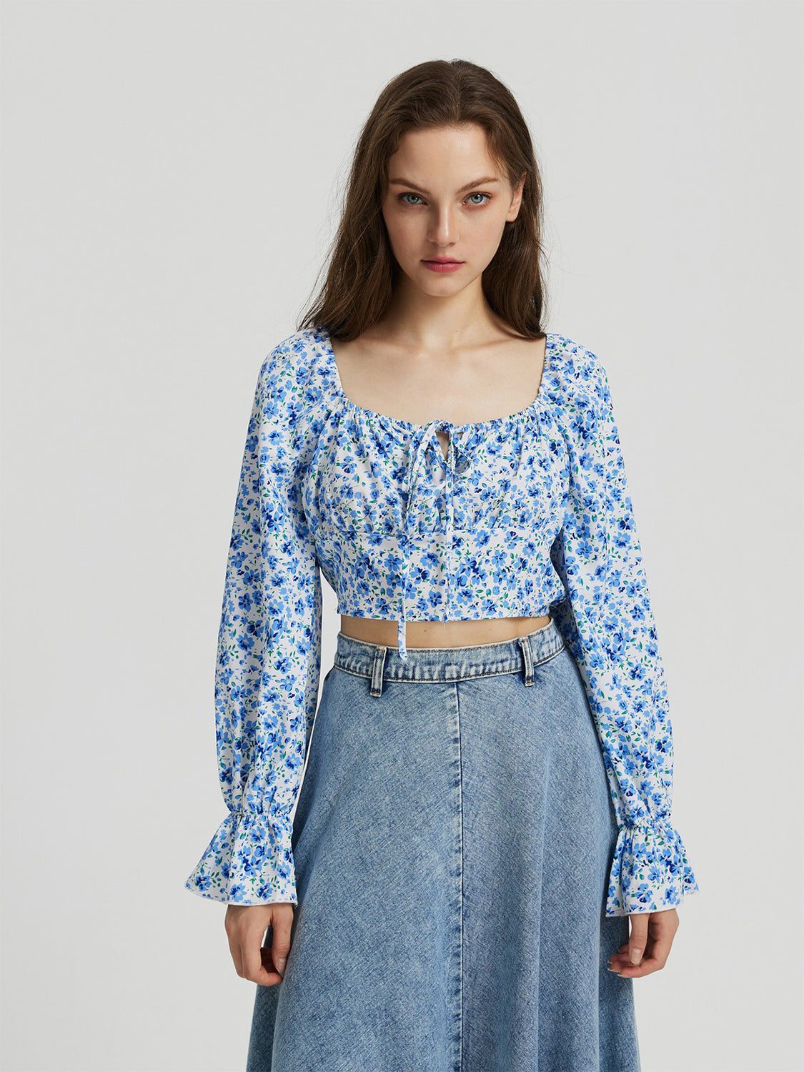 Floral Tie Front Square Neck Flounce Sleeve Blouse - Sky Blue / S - Women’s Clothing & Accessories - Shirts & Tops