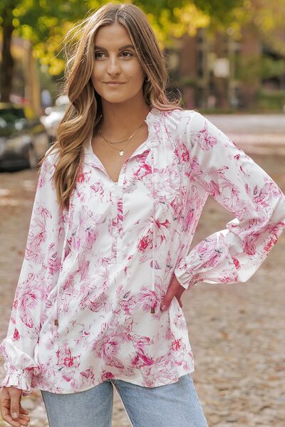 Floral Tie Neck Flounce Sleeve Blouse - Women’s Clothing & Accessories - Shirts & Tops - 4 - 2024