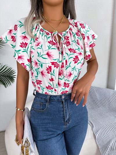 Floral Tie Neck Flutter Sleeve Blouse - Women’s Clothing & Accessories - Shirts & Tops - 16 - 2024