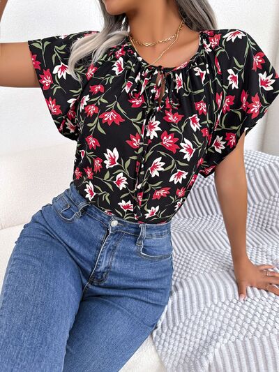 Floral Tie Neck Flutter Sleeve Blouse - Women’s Clothing & Accessories - Shirts & Tops - 5 - 2024