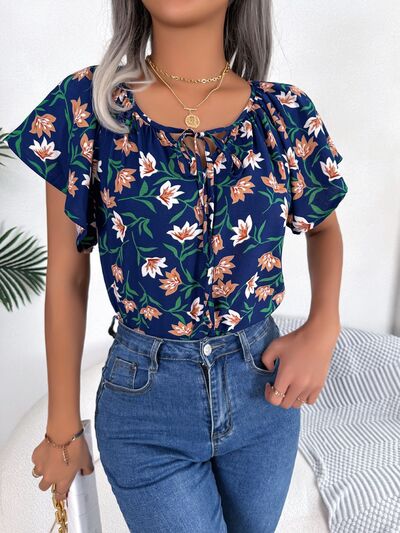 Floral Tie Neck Flutter Sleeve Blouse - Women’s Clothing & Accessories - Shirts & Tops - 10 - 2024