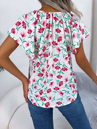 Floral Tie Neck Flutter Sleeve Blouse - Women’s Clothing & Accessories - Shirts & Tops - 17 - 2024