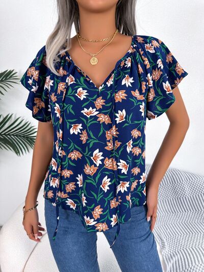 Floral Tie Neck Flutter Sleeve Blouse - Blue / S - Women’s Clothing & Accessories - Shirts & Tops - 7 - 2024