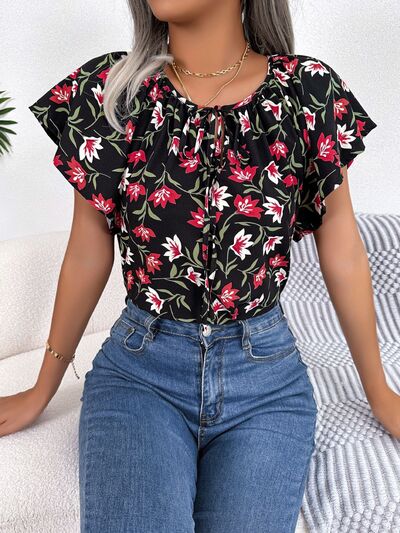 Floral Tie Neck Flutter Sleeve Blouse - Women’s Clothing & Accessories - Shirts & Tops - 4 - 2024