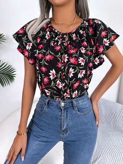 Floral Tie Neck Flutter Sleeve Blouse - Black / S - Women’s Clothing & Accessories - Shirts & Tops - 1 - 2024