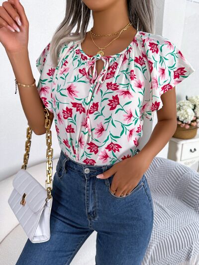 Floral Tie Neck Flutter Sleeve Blouse - Women’s Clothing & Accessories - Shirts & Tops - 15 - 2024