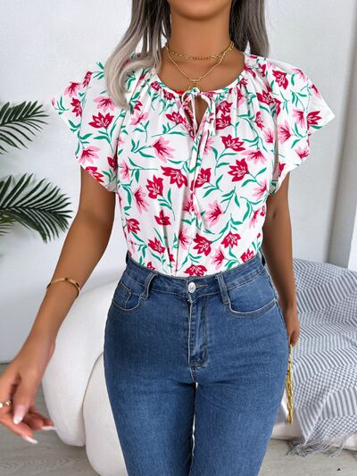 Floral Tie Neck Flutter Sleeve Blouse - Women’s Clothing & Accessories - Shirts & Tops - 14 - 2024