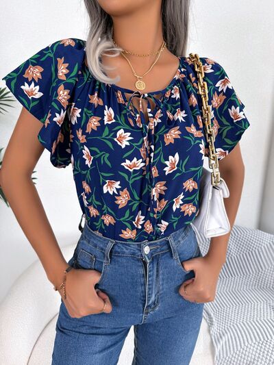 Floral Tie Neck Flutter Sleeve Blouse - Women’s Clothing & Accessories - Shirts & Tops - 8 - 2024