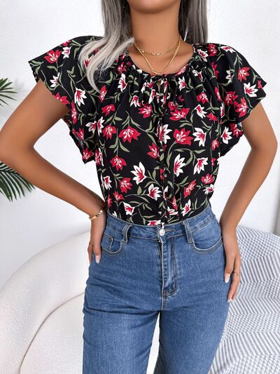 Floral Tie Neck Flutter Sleeve Blouse - Women’s Clothing & Accessories - Shirts & Tops - 2 - 2024
