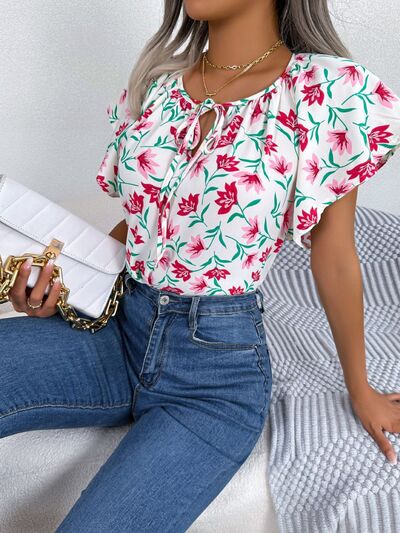 Floral Tie Neck Flutter Sleeve Blouse - Women’s Clothing & Accessories - Shirts & Tops - 18 - 2024