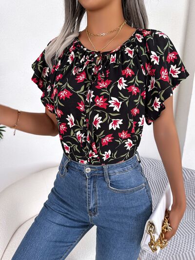 Floral Tie Neck Flutter Sleeve Blouse - Women’s Clothing & Accessories - Shirts & Tops - 3 - 2024