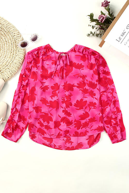 Floral Tie Neck Ruffle Trim Blouse - Women’s Clothing & Accessories - Shirts & Tops - 3 - 2024