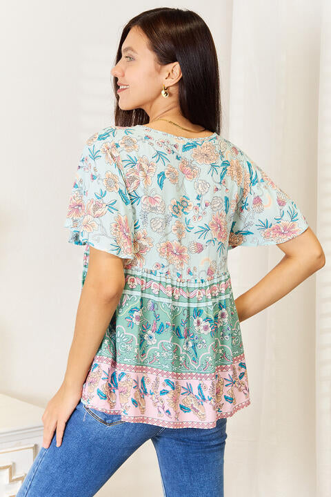 Floral Tie Neck Short Sleeve Blouse - Women’s Clothing & Accessories - Shirts & Tops - 7 - 2024