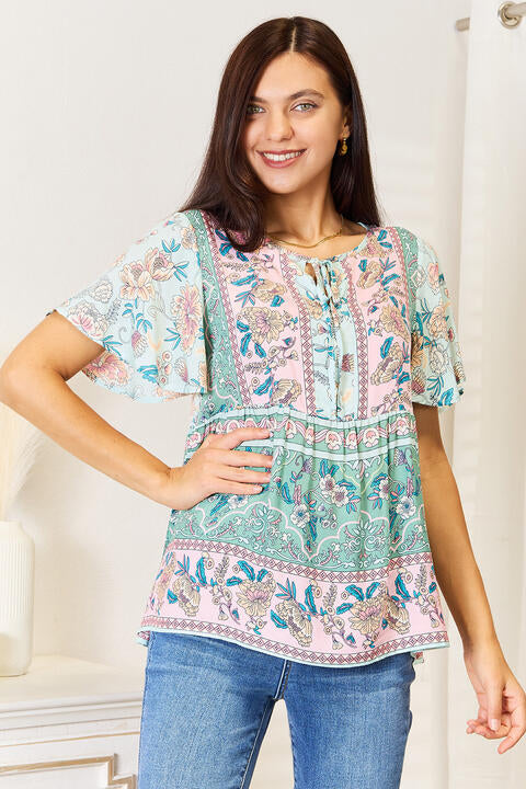Floral Tie Neck Short Sleeve Blouse - Women’s Clothing & Accessories - Shirts & Tops - 5 - 2024