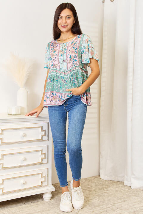 Floral Tie Neck Short Sleeve Blouse - Women’s Clothing & Accessories - Shirts & Tops - 8 - 2024