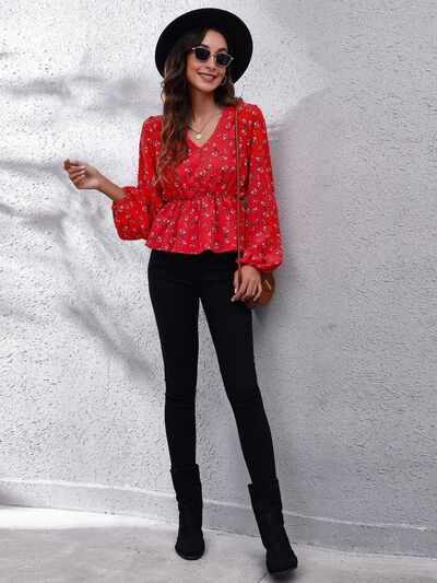 Floral V-Neck Balloon Sleeve Peplum Blouse - Women’s Clothing & Accessories - Shirts & Tops - 5 - 2024