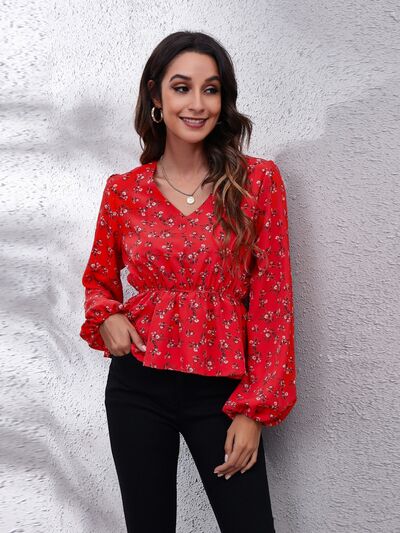 Floral V-Neck Balloon Sleeve Peplum Blouse - Red / S - Women’s Clothing & Accessories - Shirts & Tops - 1 - 2024