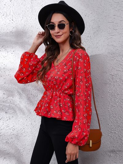 Floral V-Neck Balloon Sleeve Peplum Blouse - Women’s Clothing & Accessories - Shirts & Tops - 4 - 2024