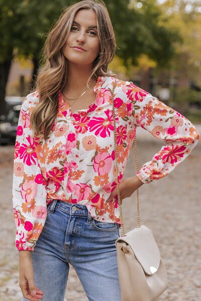 Floral V-Neck Frill Long Sleeve Blouse - Floral / S - Women’s Clothing & Accessories - Shirts & Tops - 1 - 2024