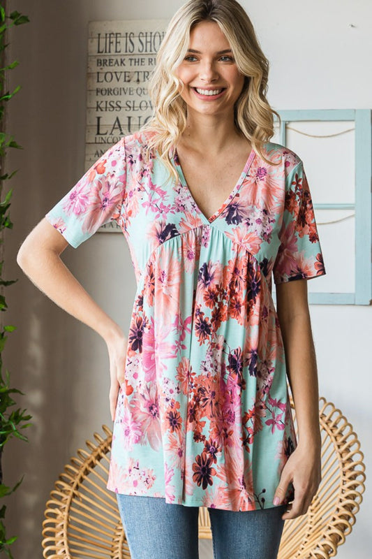 Floral V-Neck Short Sleeve Babydoll Blouse - MINT / S - Women’s Clothing & Accessories - Shirts & Tops - 1 - 2024