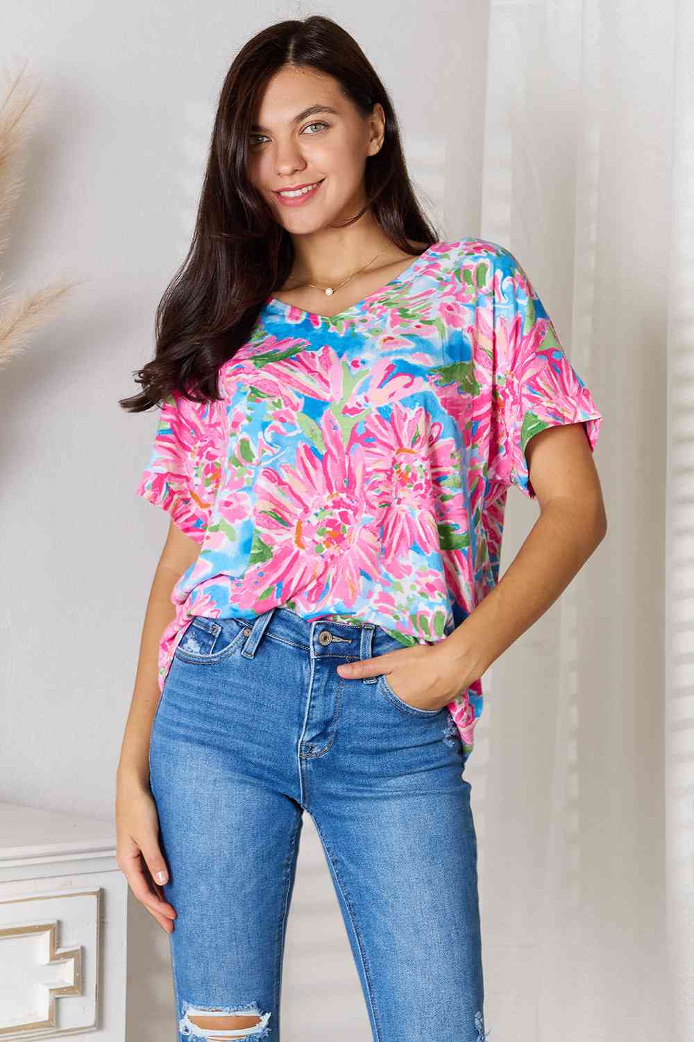 Floral V-Neck Short Sleeve Blouse - Women’s Clothing & Accessories - Shirts & Tops - 4 - 2024