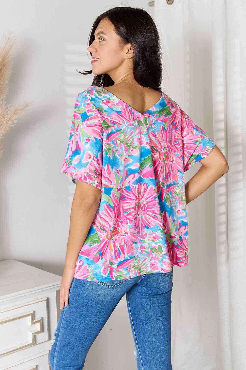 Floral V-Neck Short Sleeve Blouse - Women’s Clothing & Accessories - Shirts & Tops - 6 - 2024