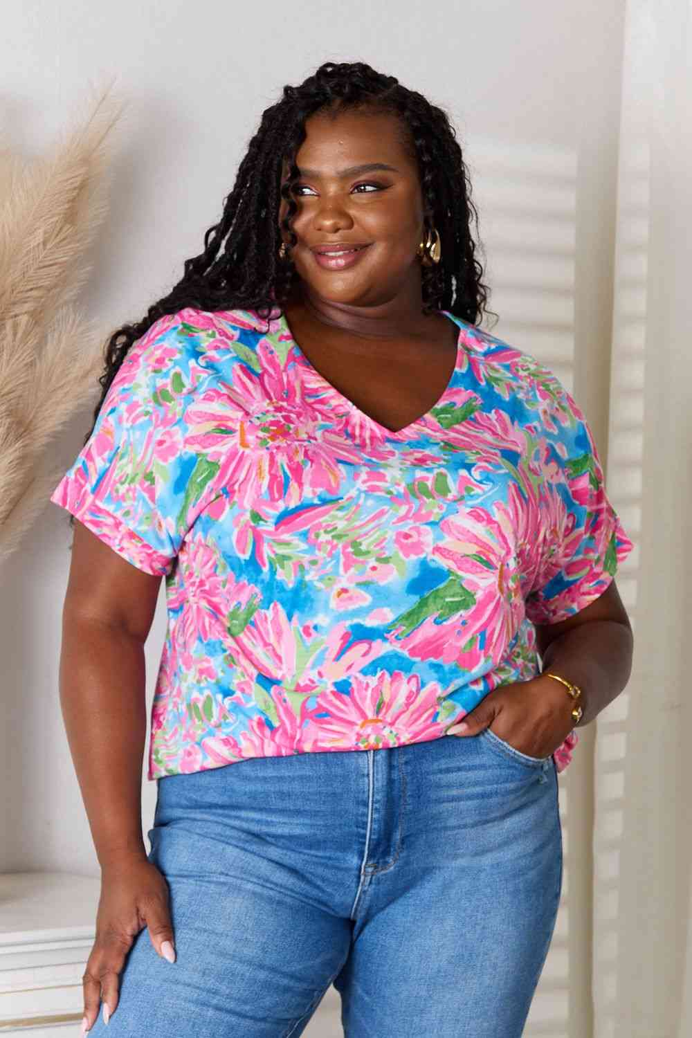 Floral V-Neck Short Sleeve Blouse - Pink / S - Women’s Clothing & Accessories - Shirts & Tops - 1 - 2024