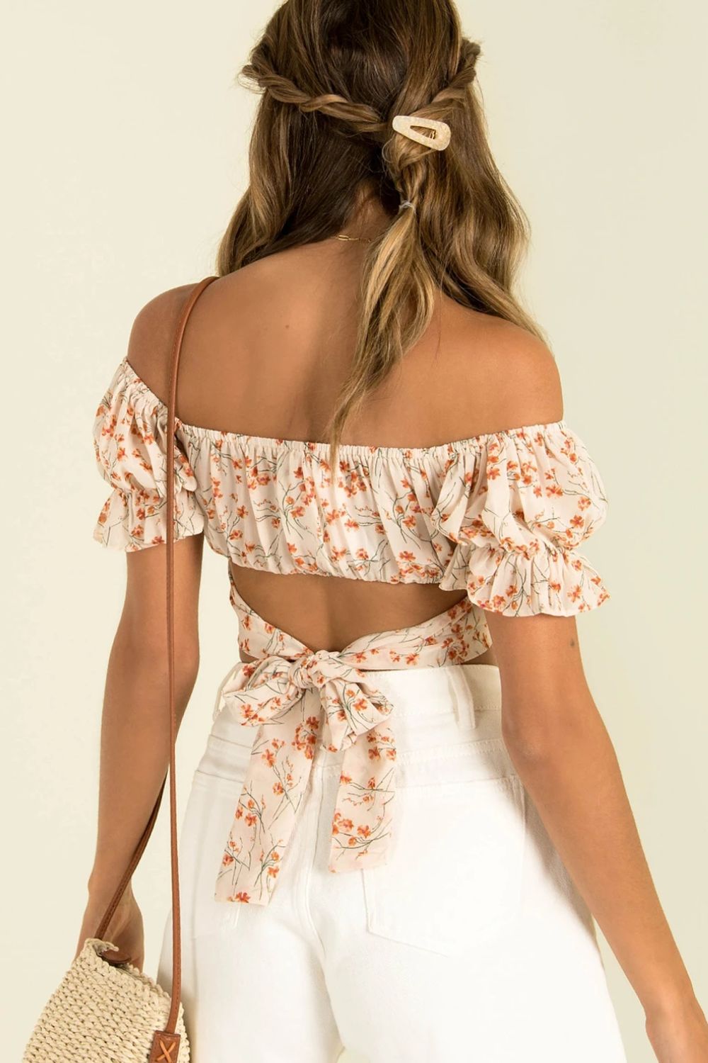 Flower Print Ruffle Trim Off-Shoulder Back Tie Blouse - Women’s Clothing & Accessories - Shirts & Tops - 5 - 2024