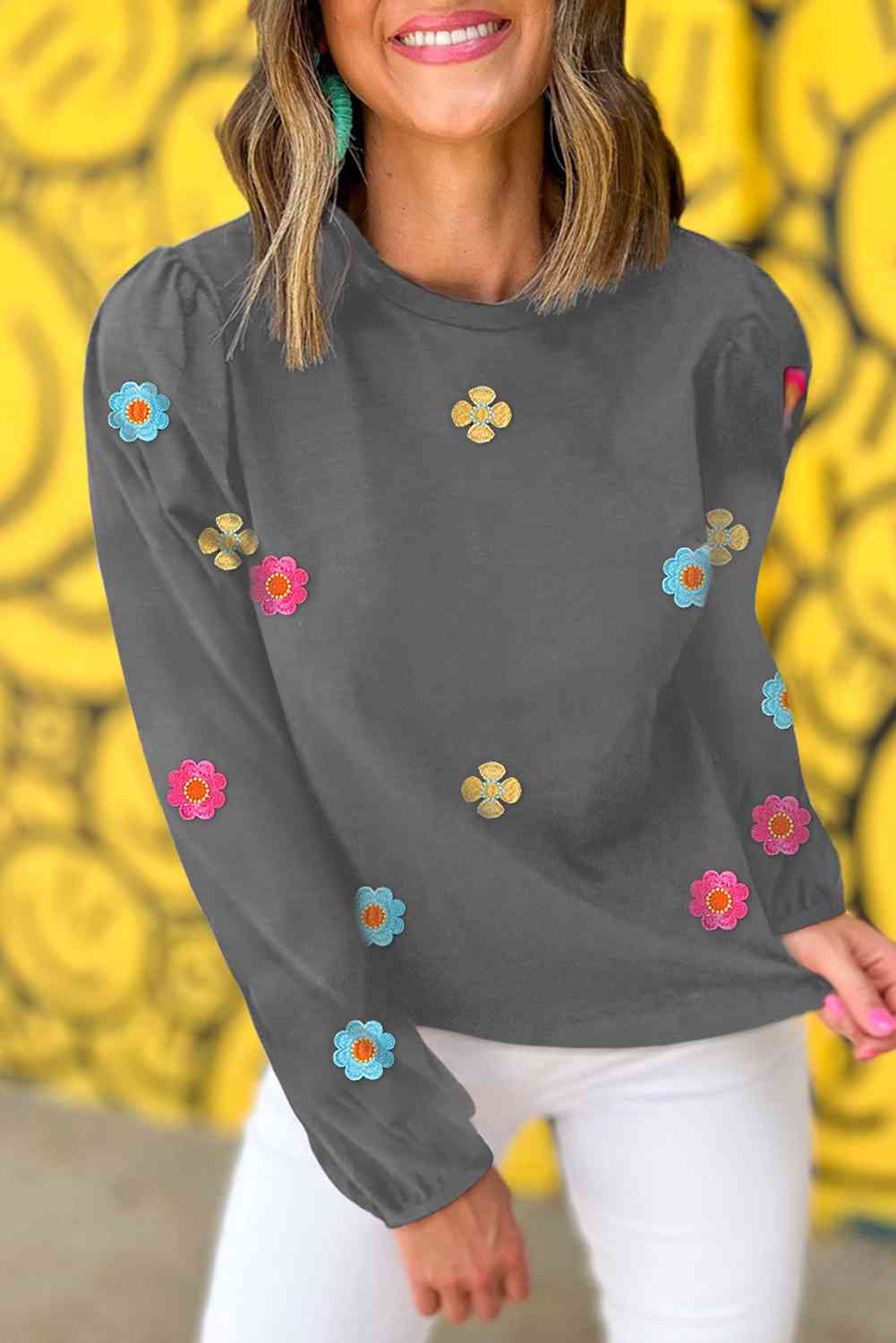 Flower Round Neck Balloon Sleeve Blouse - Gray / S - Women’s Clothing & Accessories - Shirts & Tops - 4 - 2024