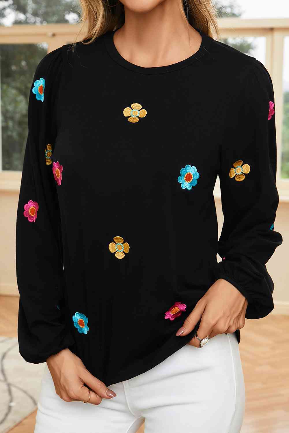 Flower Round Neck Balloon Sleeve Blouse - Black / S - Women’s Clothing & Accessories - Shirts & Tops - 1 - 2024