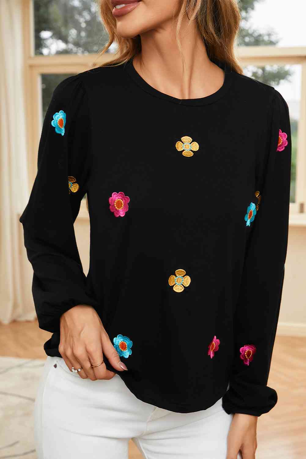 Flower Round Neck Balloon Sleeve Blouse - Women’s Clothing & Accessories - Shirts & Tops - 2 - 2024