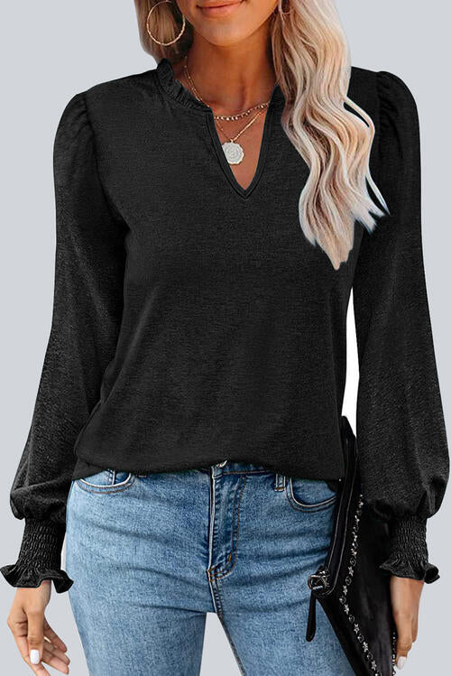 Frill Notched Neck Smocked Designed Long Sleeve Blouse - Black / S - Women’s Clothing & Accessories - Shirts & Tops