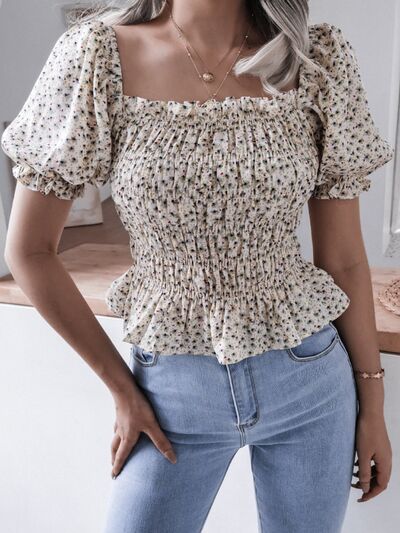 Frill Smocked Square Neck Short Sleeve Blouse - Women’s Clothing & Accessories - Shirts & Tops - 8 - 2024