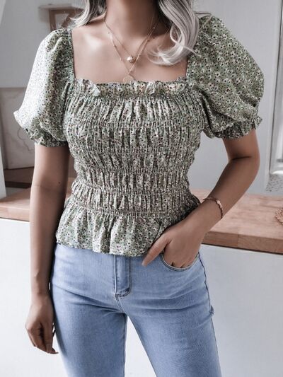 Frill Smocked Square Neck Short Sleeve Blouse - Women’s Clothing & Accessories - Shirts & Tops - 14 - 2024