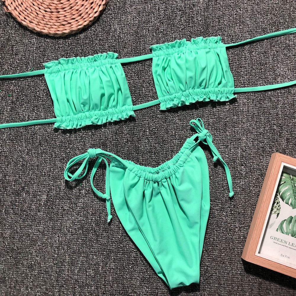 Frill Trim Ruched Bikini Set - Green / S - Women’s Clothing & Accessories - Swimwear - 25 - 2024